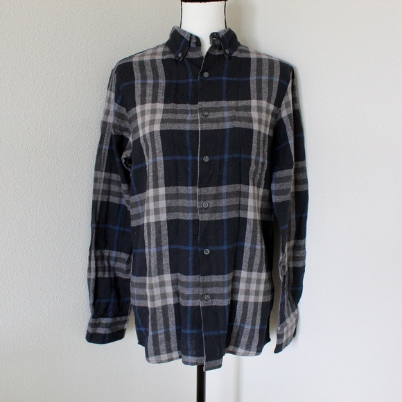 Black, Blue, & Gray Plaid Flannel Button Down Shirt - Picture 1 of 8